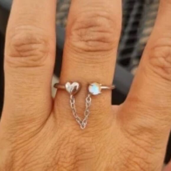 The Dainty Chain Heart ring adjustable 925 silver and moonstone - Picture 6 of 14